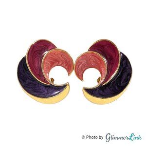 VTG 90s Avon Swirl of Color Swirl Pink Purple Enamel Gold Tone Clip On Earrings